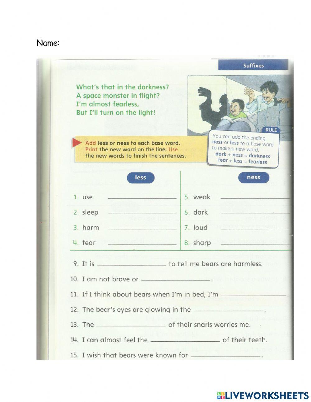 Suffix Ness Less worksheet Live Worksheets