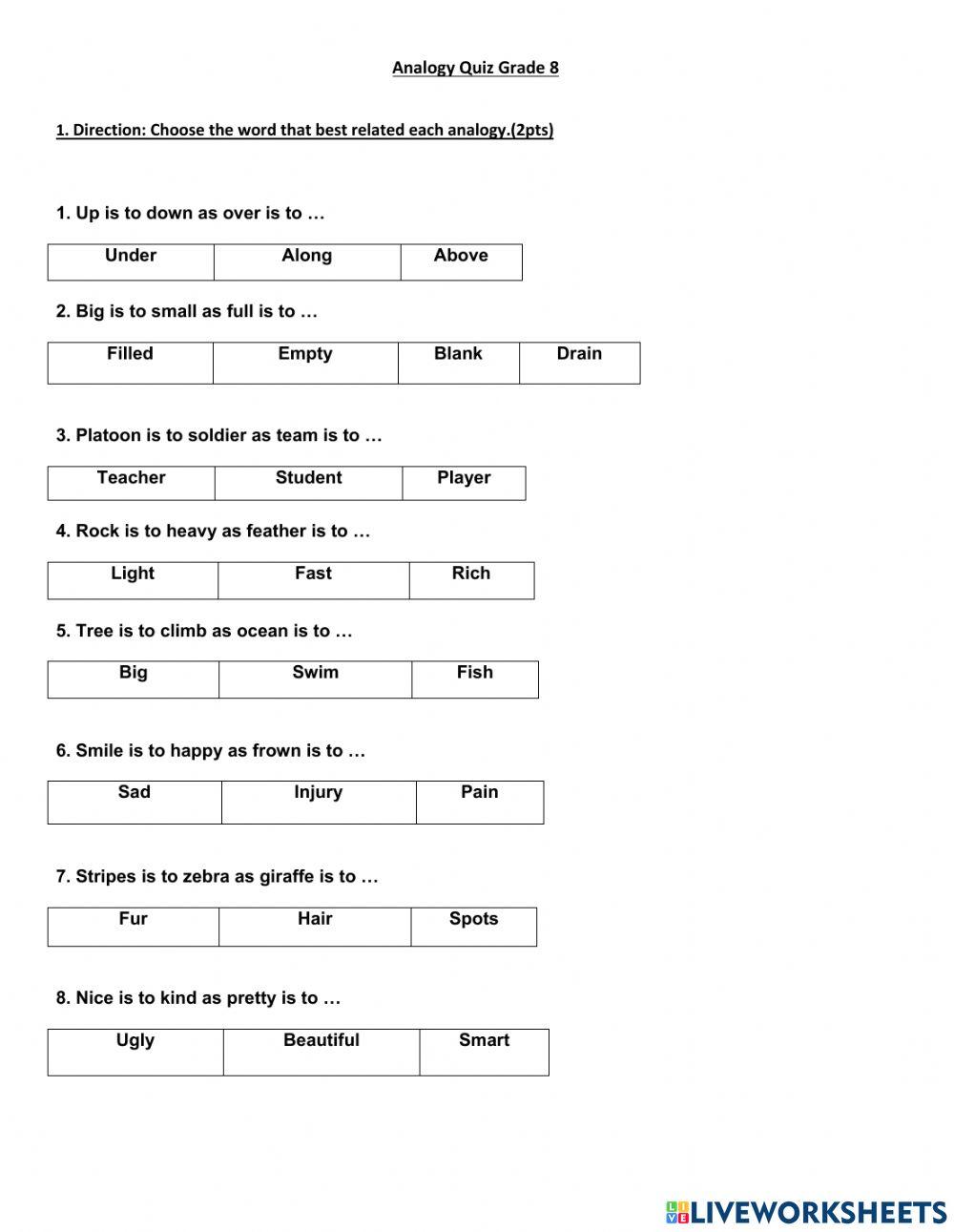 Analogy Quiz Grade 8