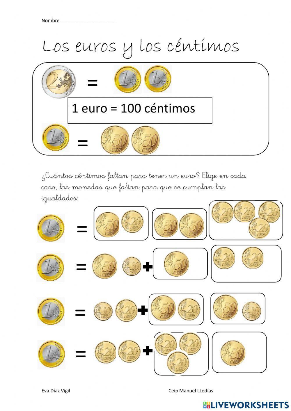 Las monedas. Equivalencia entre euro y céntimos
