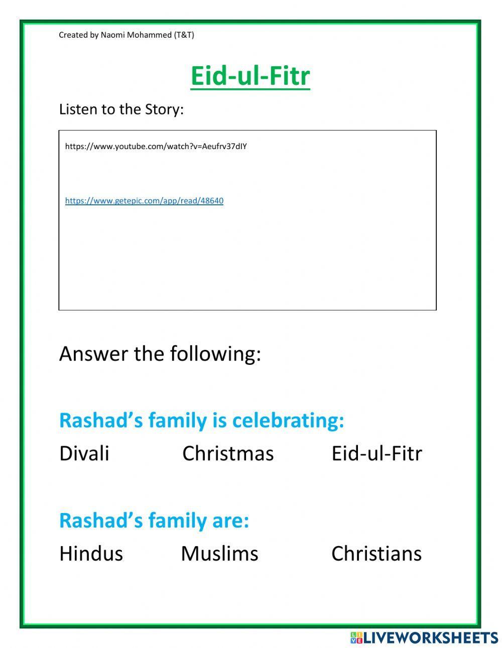 Eid ul Fitr LiveWorksheets 989603 Eid ul Fitr LiveWorksheets 989603