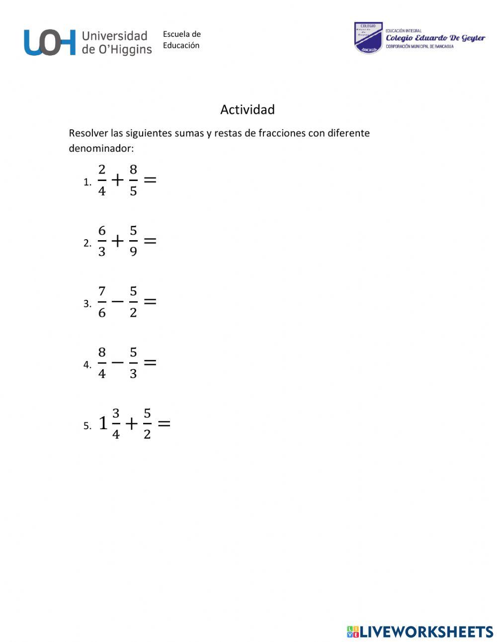 Adición y sustracción de fracciones con distinto denominador
