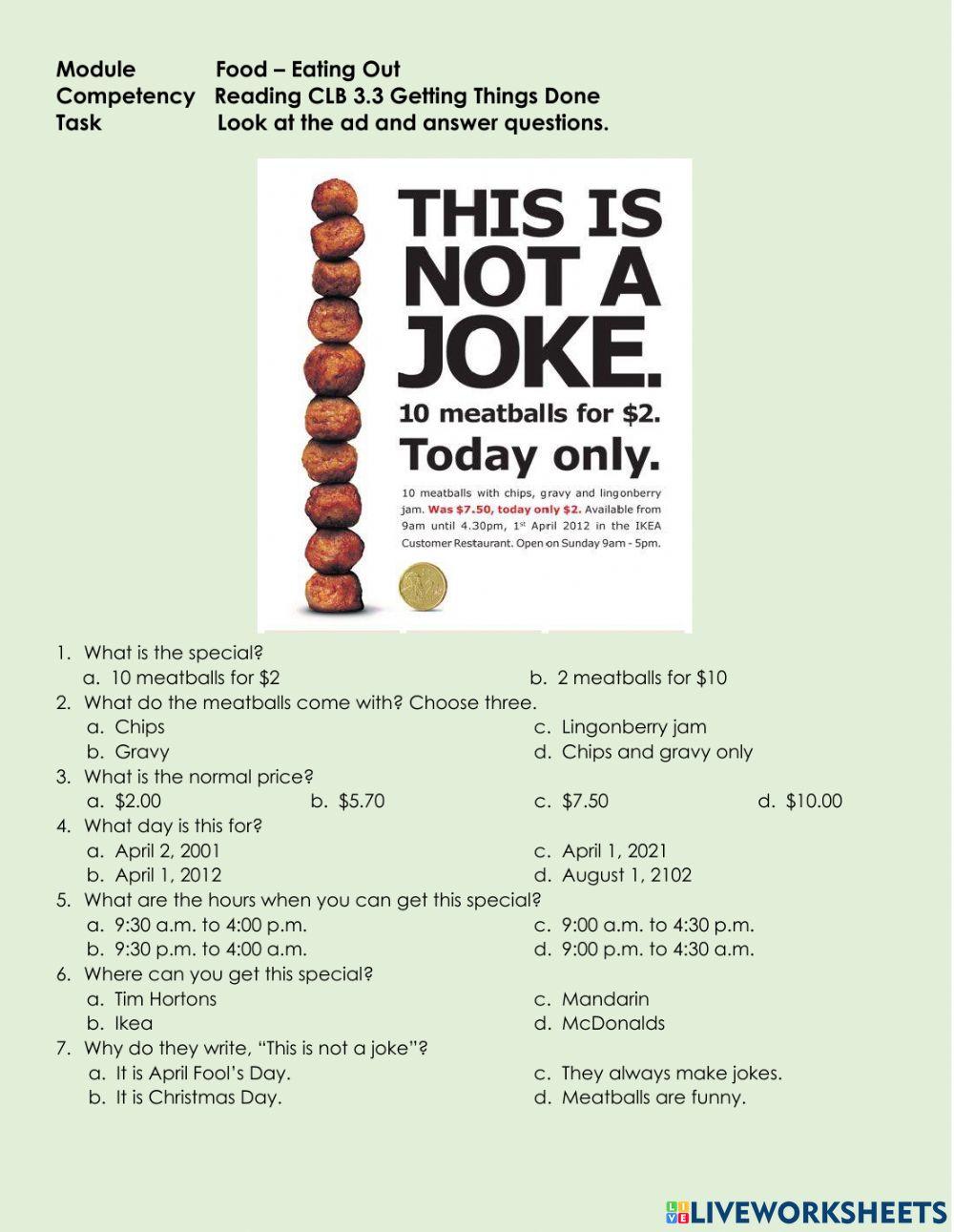 Reading CLB 3.3 GTD - Understand a Restaurant Ad