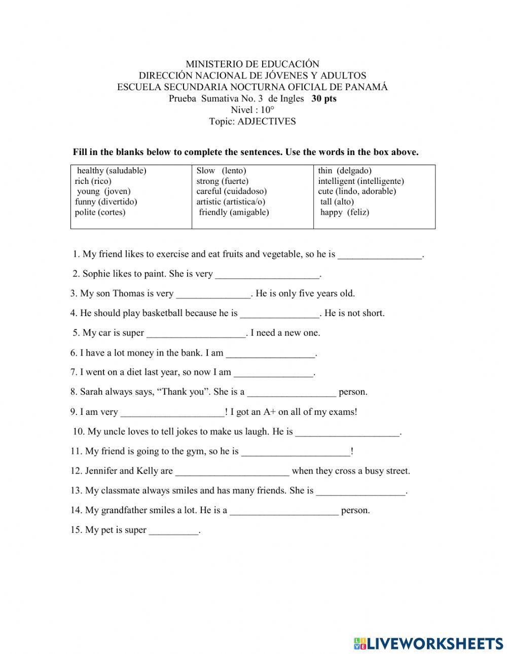 10° Summative - 3 Adjectives