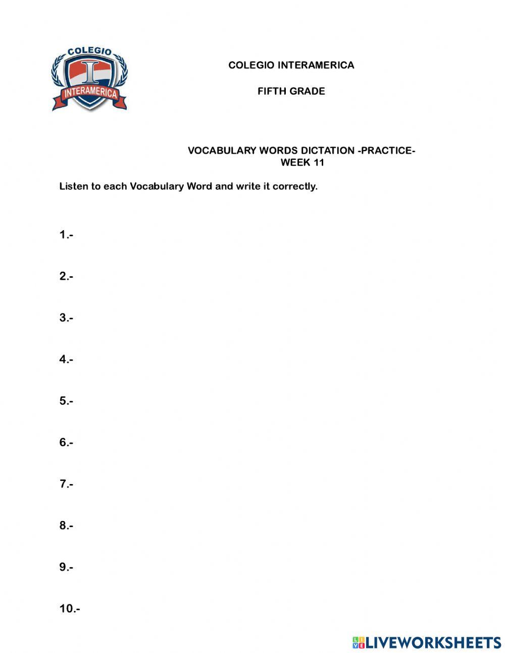 Vocabulary words 5th grade online worksheet | Live Worksheets