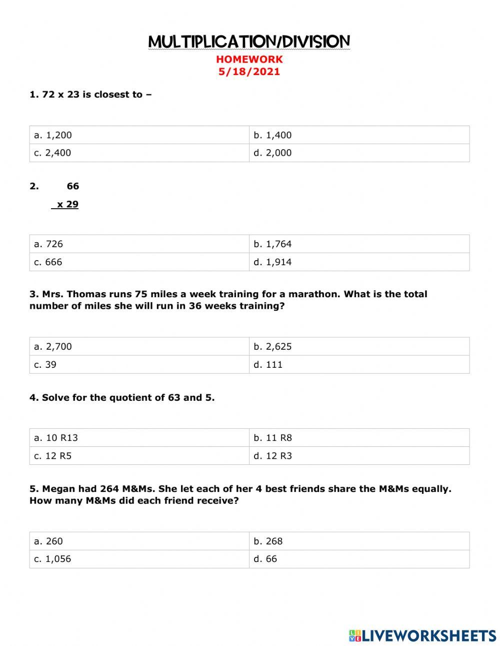 Multiplication Division SOL Review Homework