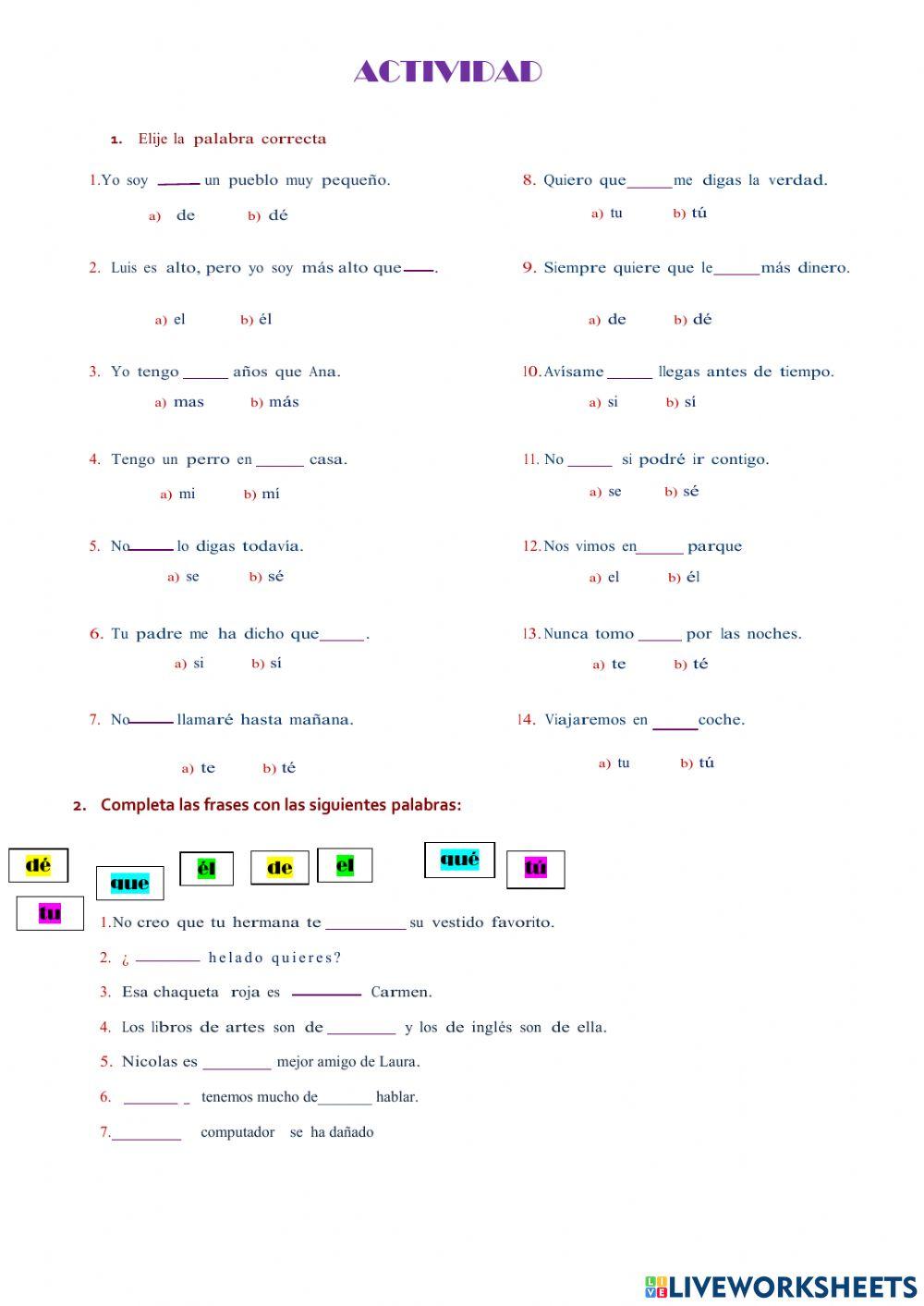 Ejercicios acento diacritico worksheet | Live Worksheets