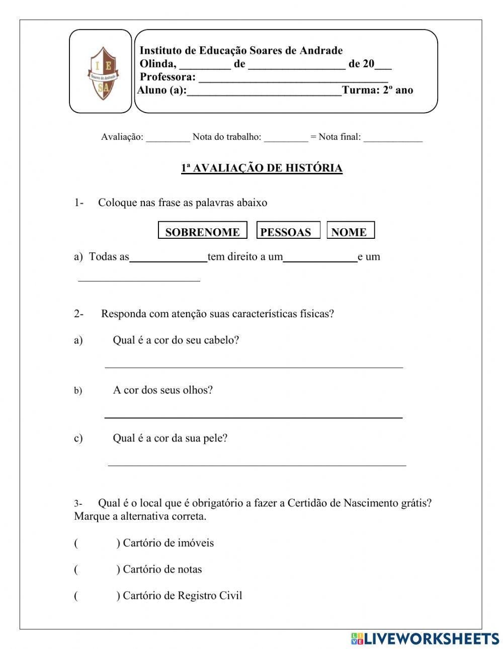 Avaliação de História 1º Bimestre