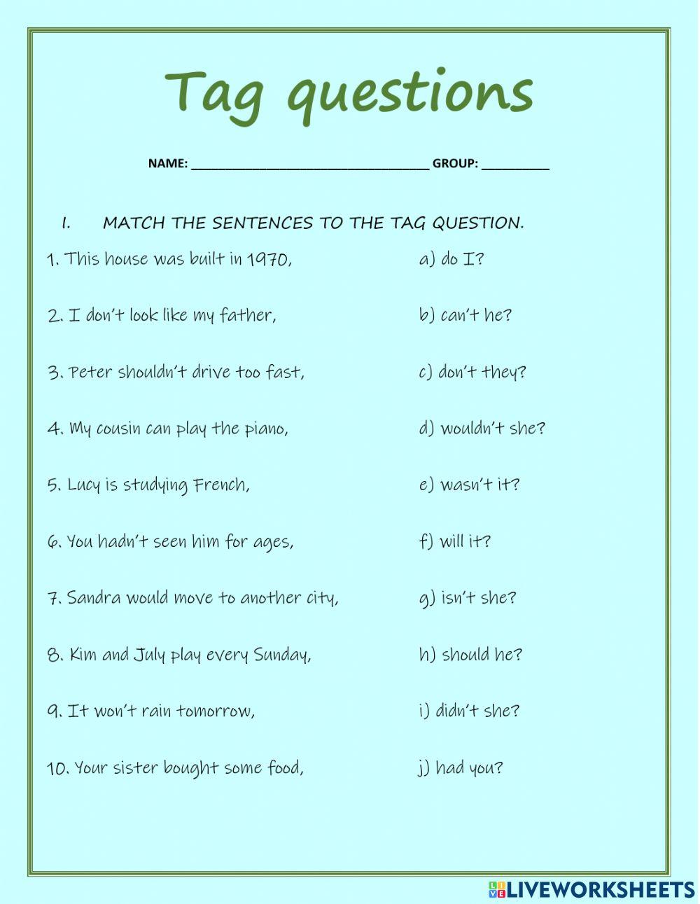 Tag questions 1155 Carmen Garcia Live Worksheets