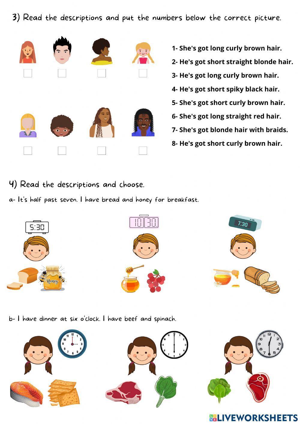 Describing hair styles- the hour- food.