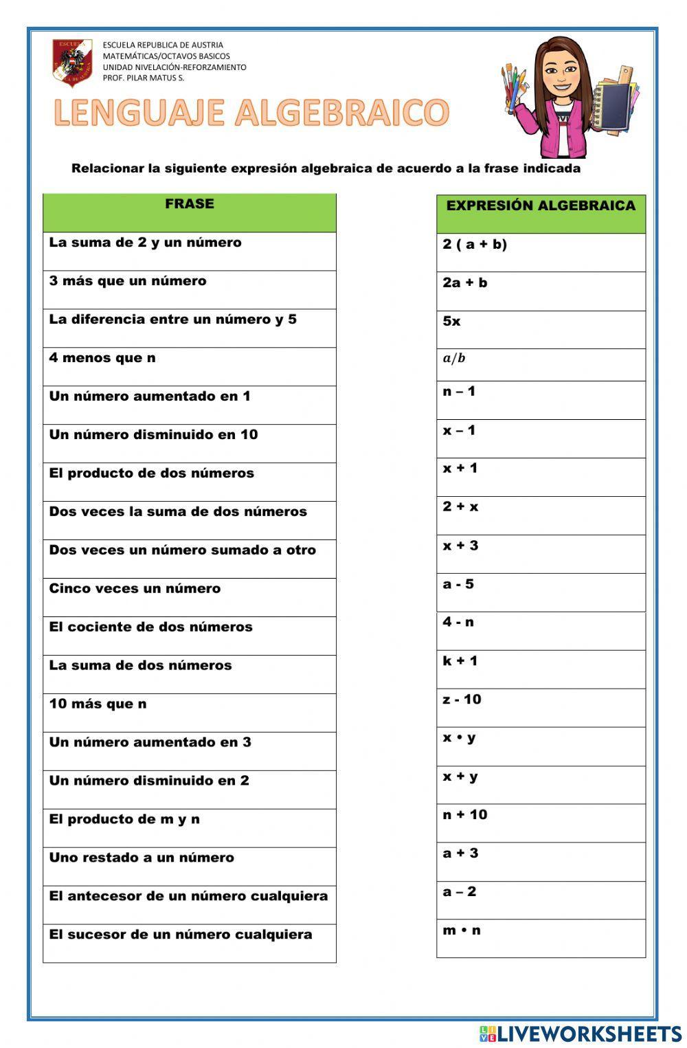 Lenguaje Algebraico Lenguaje Algebraico