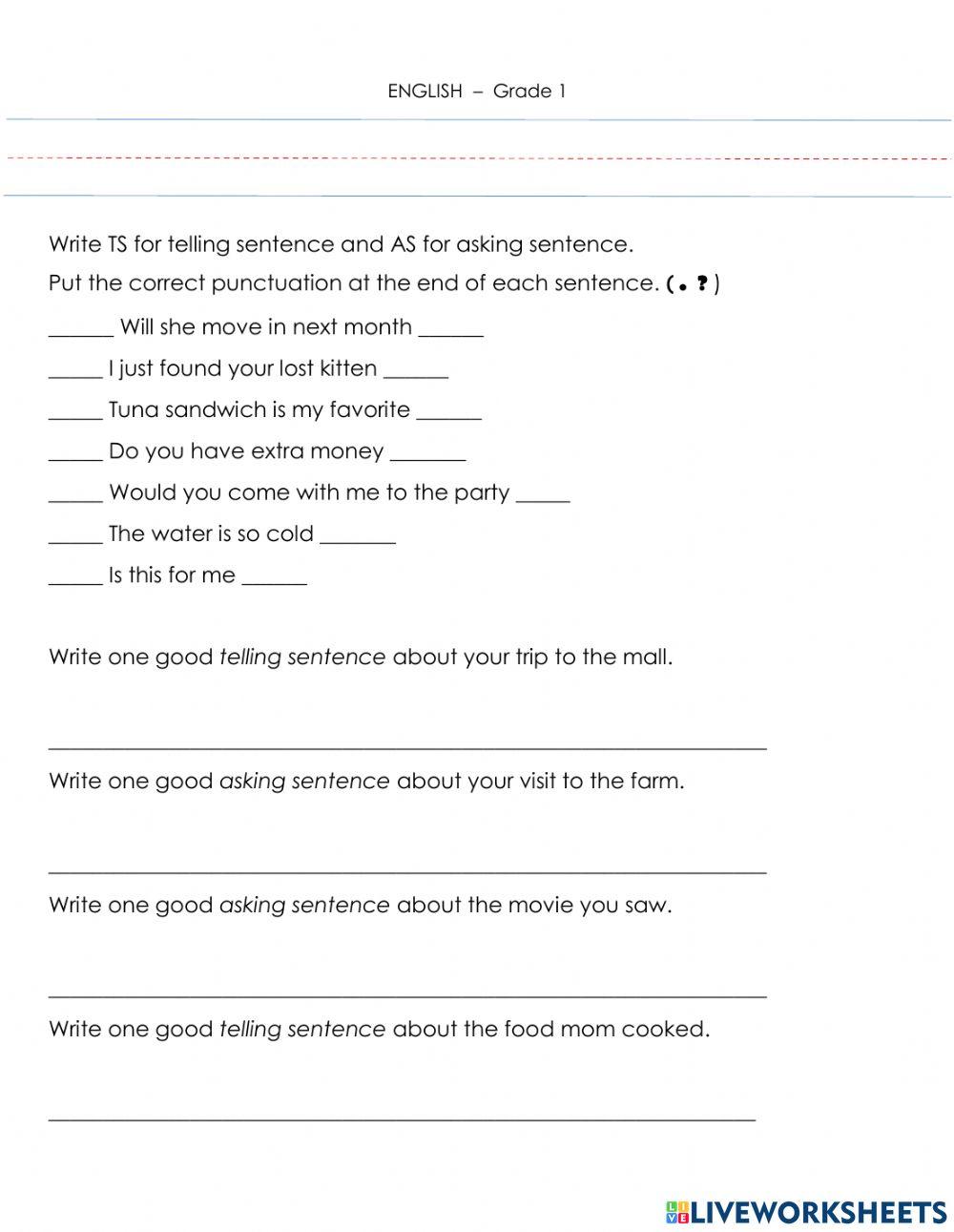 Telling and asking sentence activity live worksheets 52 off