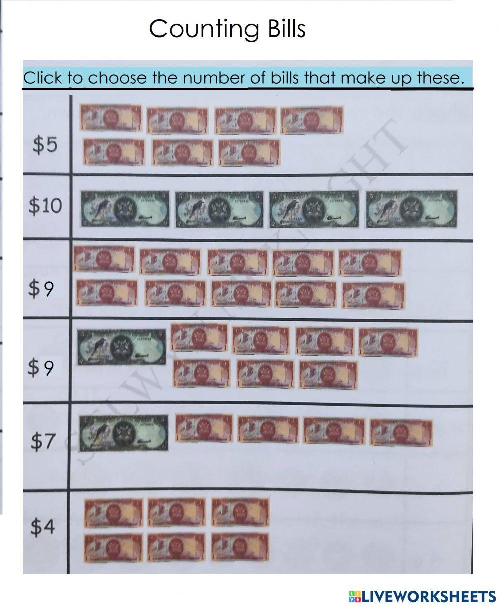 Counting Bills Live Worksheets