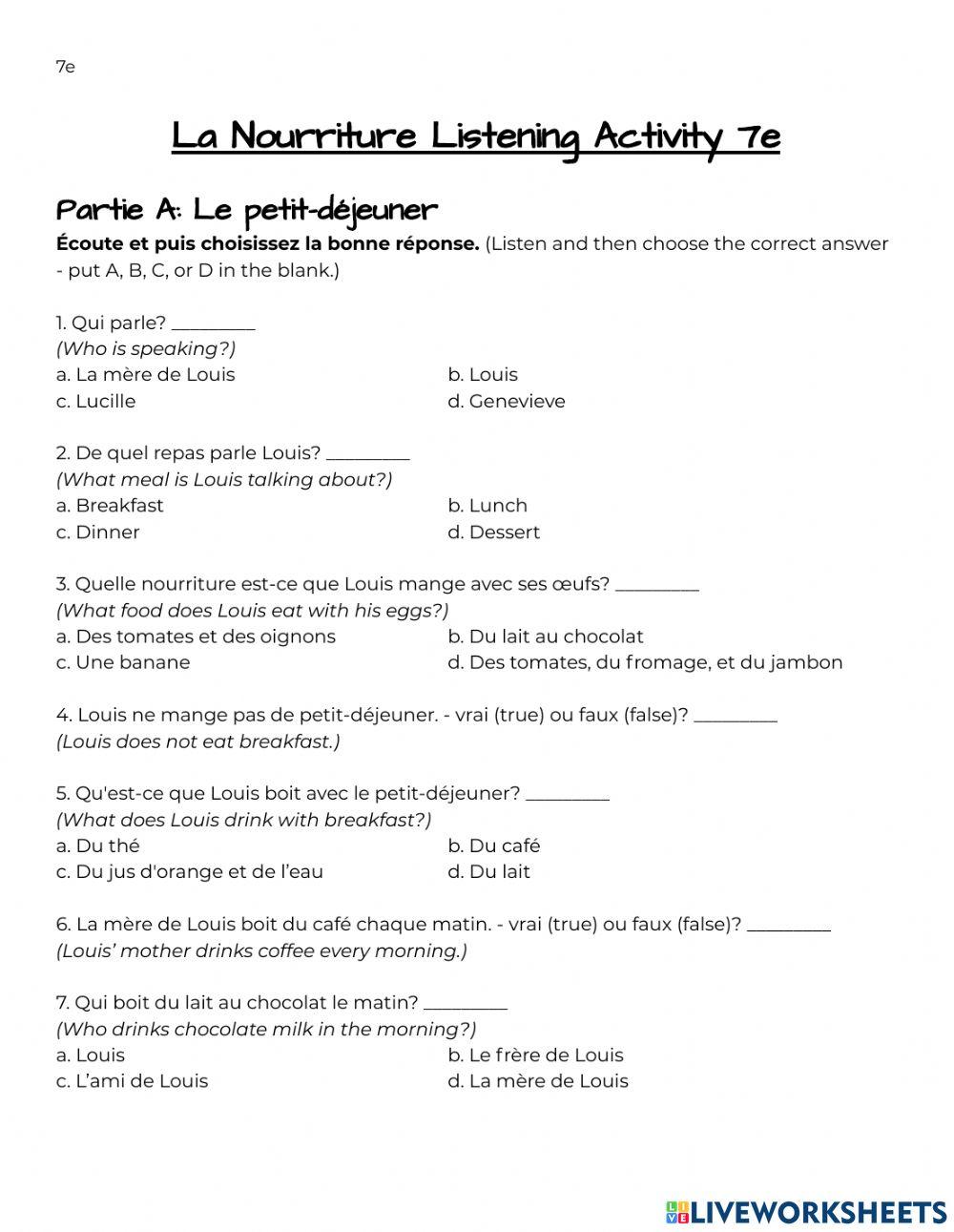 La Nourriture Listening Activity (7)