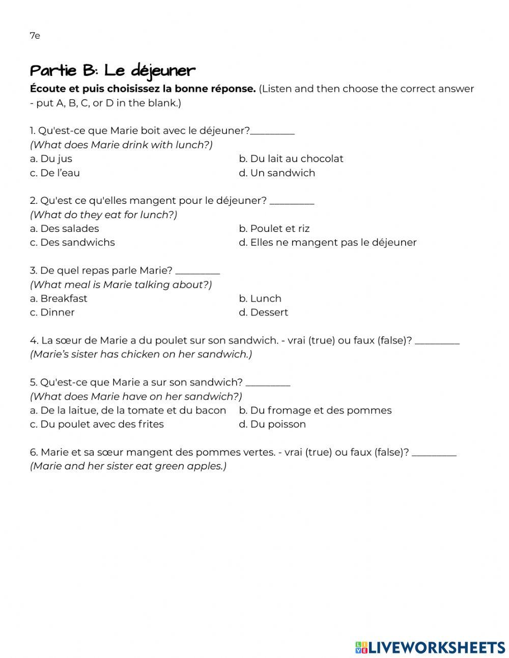 La Nourriture Listening Activity (7)