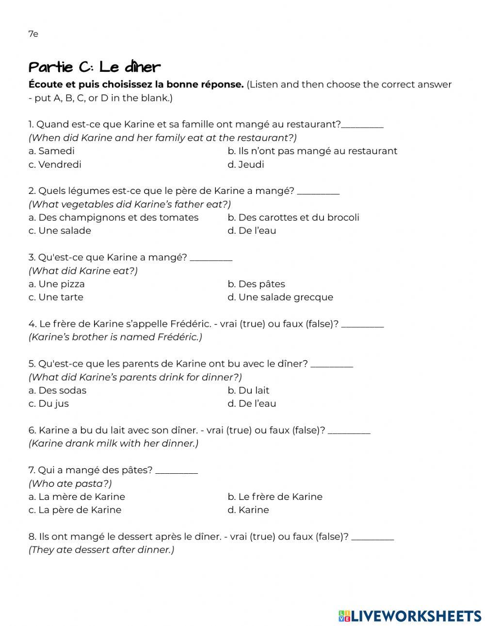 La Nourriture Listening Activity (7)