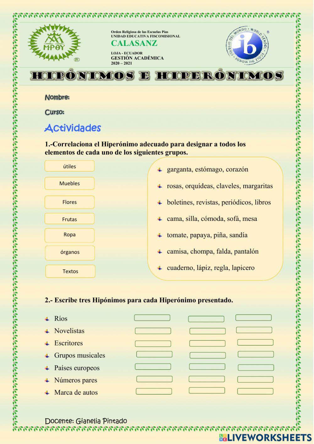 Actividades Hipo e Hiperónimos
