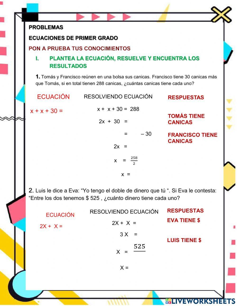 PROBLEMAS de Ecuaciones de primer grado