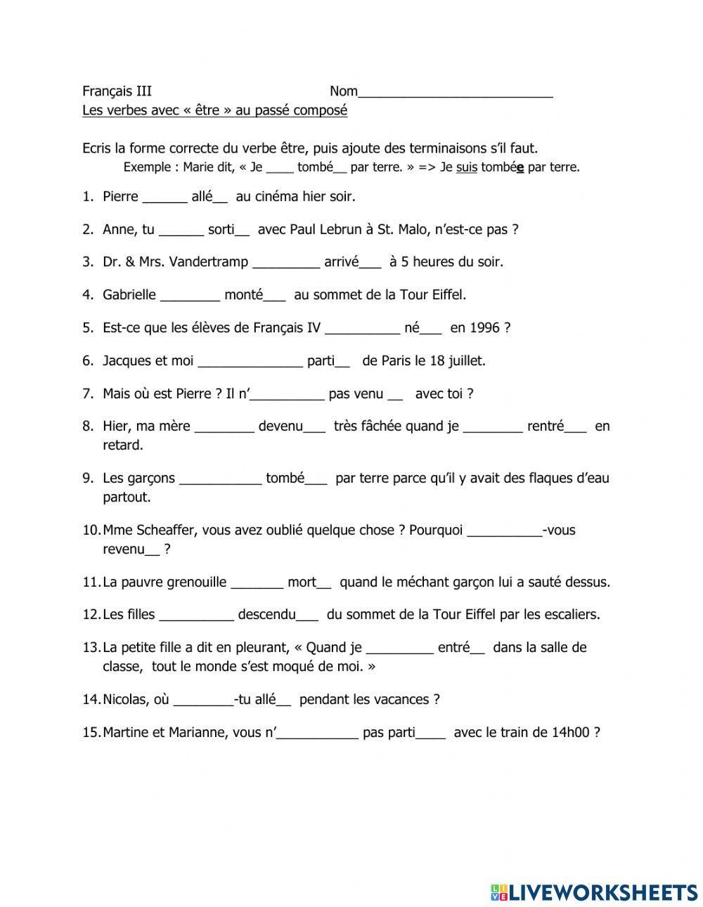 Les verbes avec être au passé composé