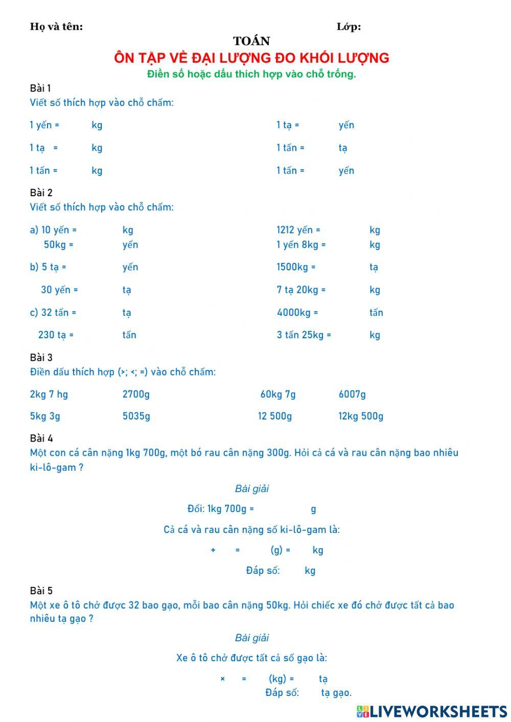 Ôn tập về đại lượng khối lượng