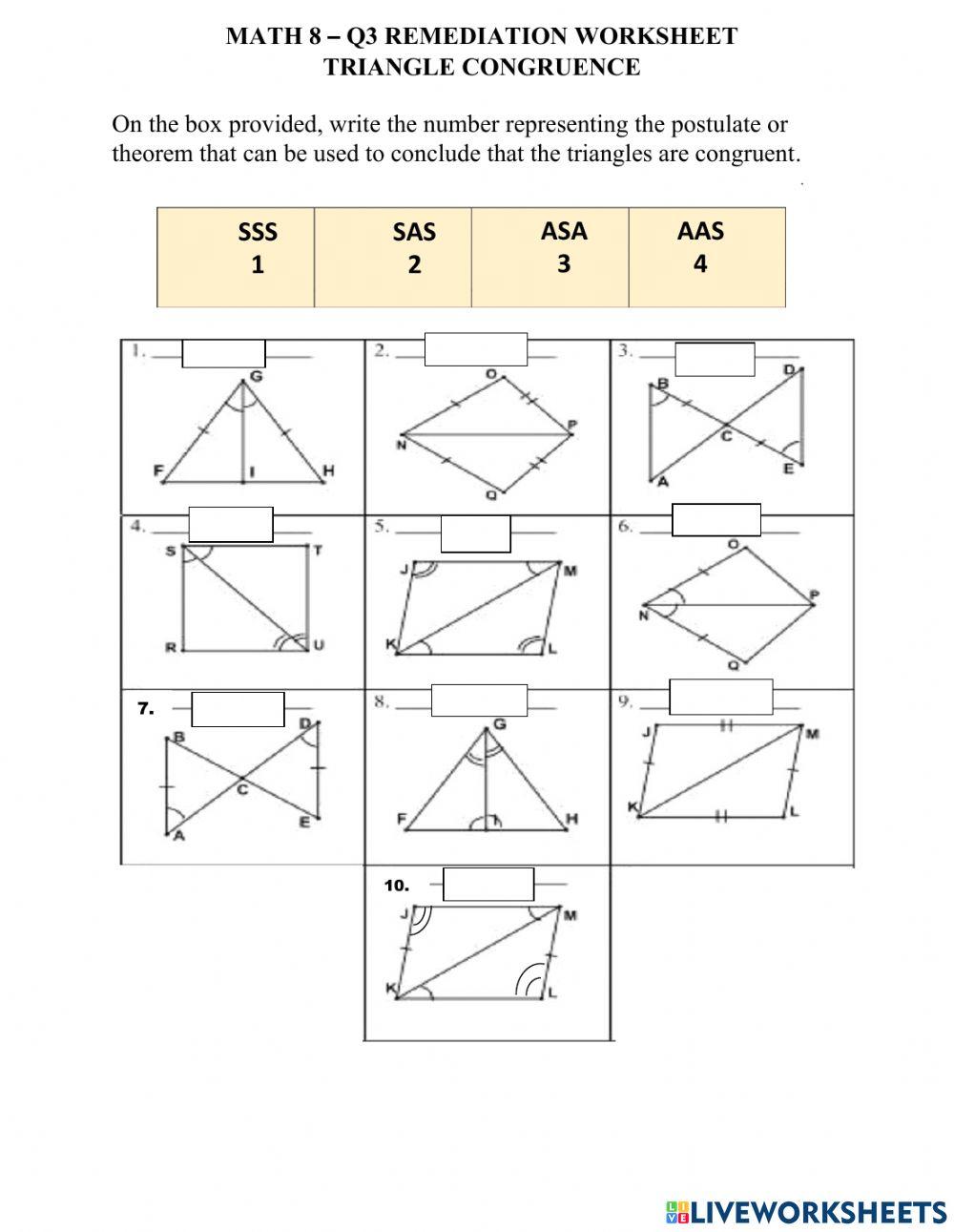 Triangle Congruence Worksheet interactive worksheet Live Worksheets