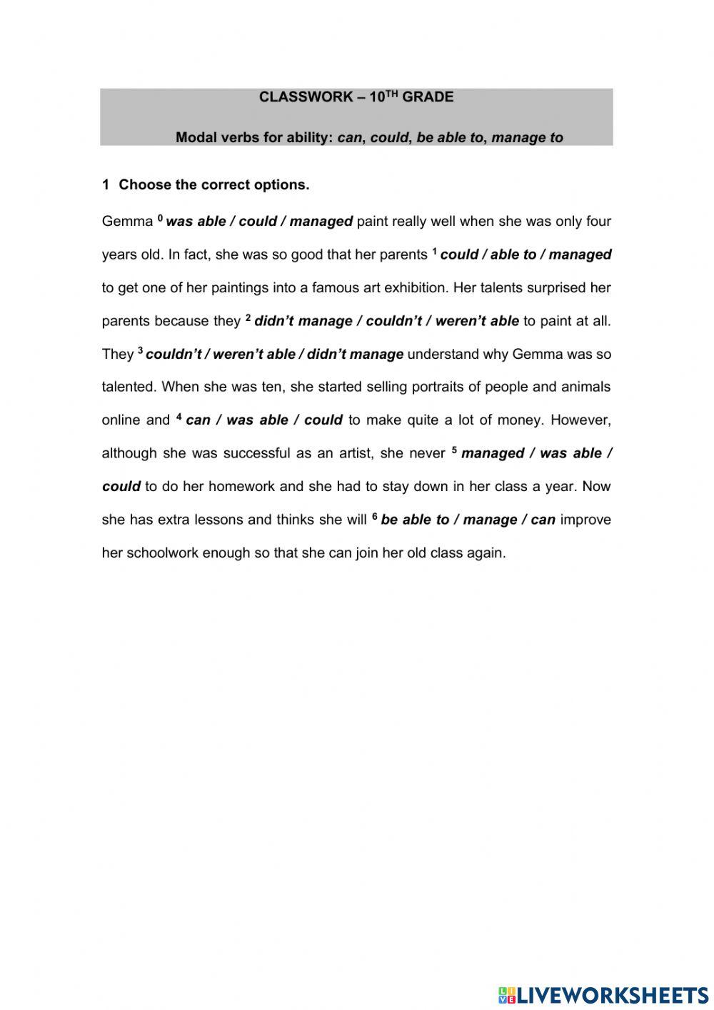 Grammar - ability modal verbs - 10th grade