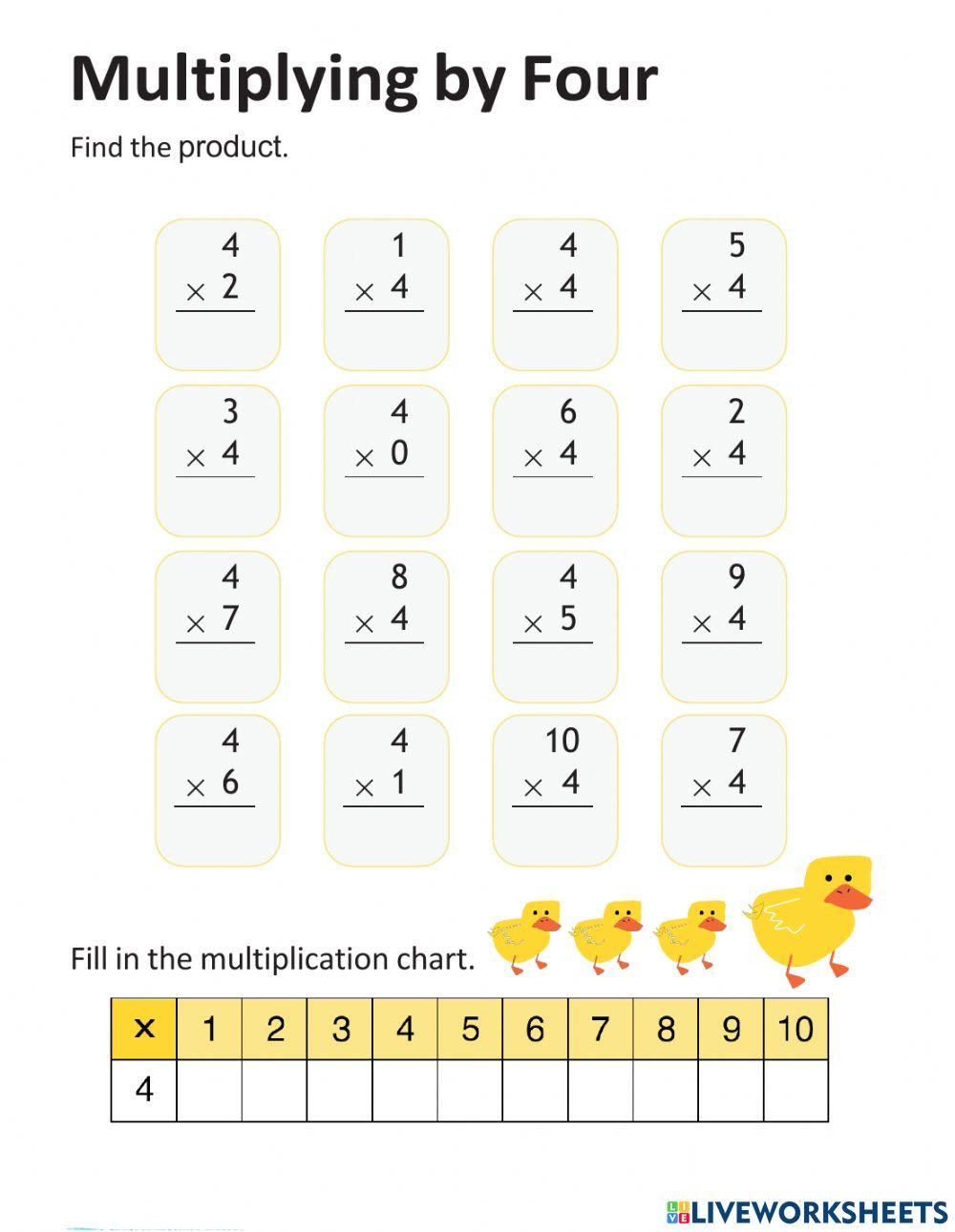Multiplication by 4 exercise | Live Worksheets