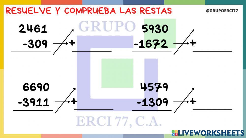 Resuelve las restas y comprueba