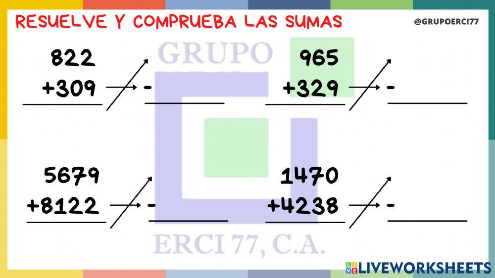 Resuelve las sumas y comprueba