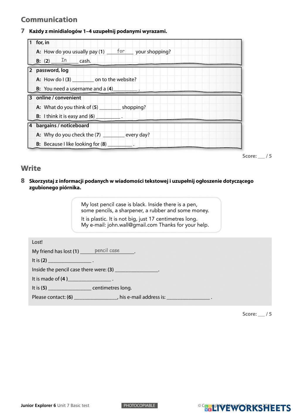 Junior Explorer 6 Unit 7 test