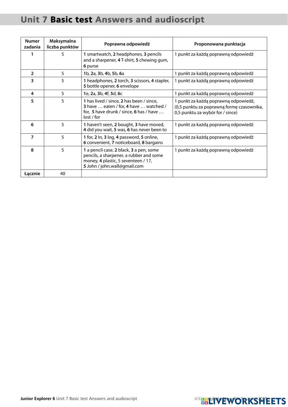Junior Explorer 6 Unit 7 test