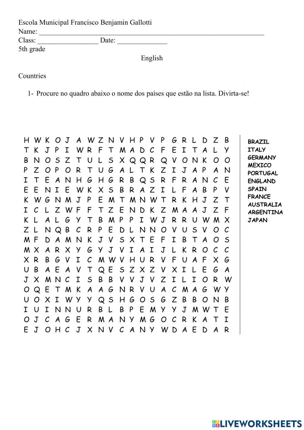 Countries wordsearch