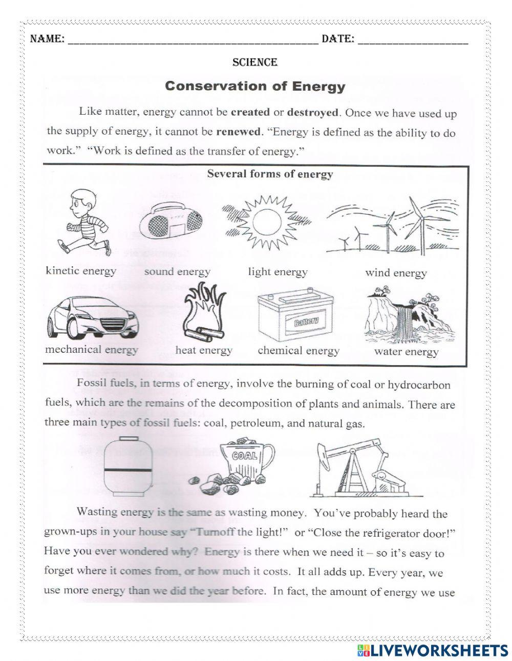 energy conservation online exercise for Live Worksheets