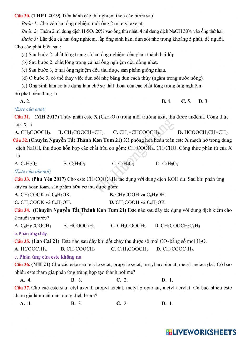 Trắc nghiệm este cơ bản