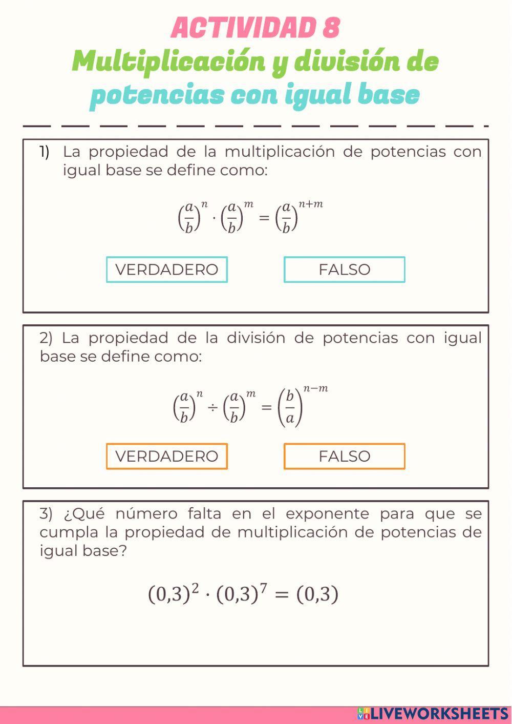 ACTIVIDAD 8 - Multiplicación y división de potencias con igual base
