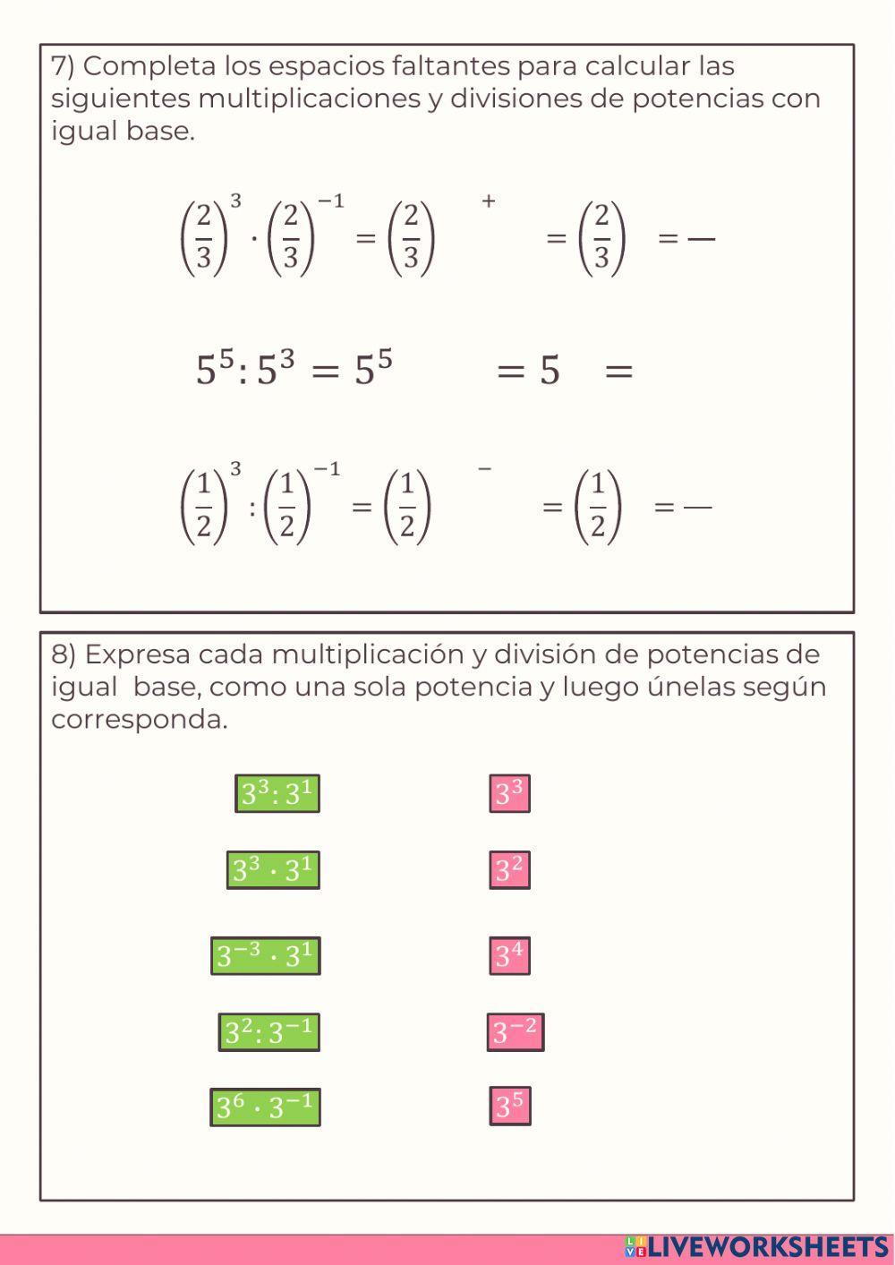ACTIVIDAD 8 - Multiplicación y división de potencias con igual base
