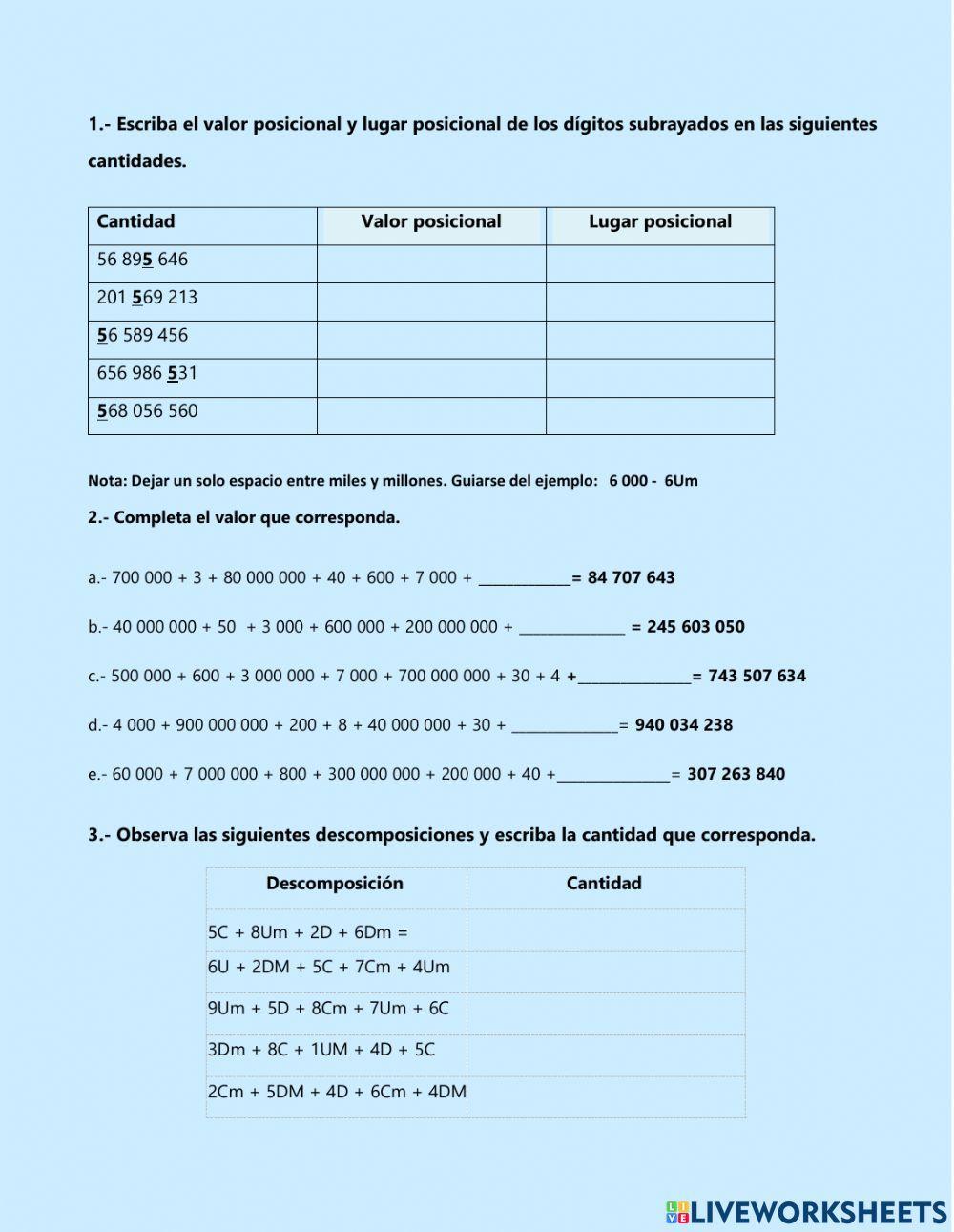 Lectura, Escritura y descompoasión de números  de hasta 9 cifras