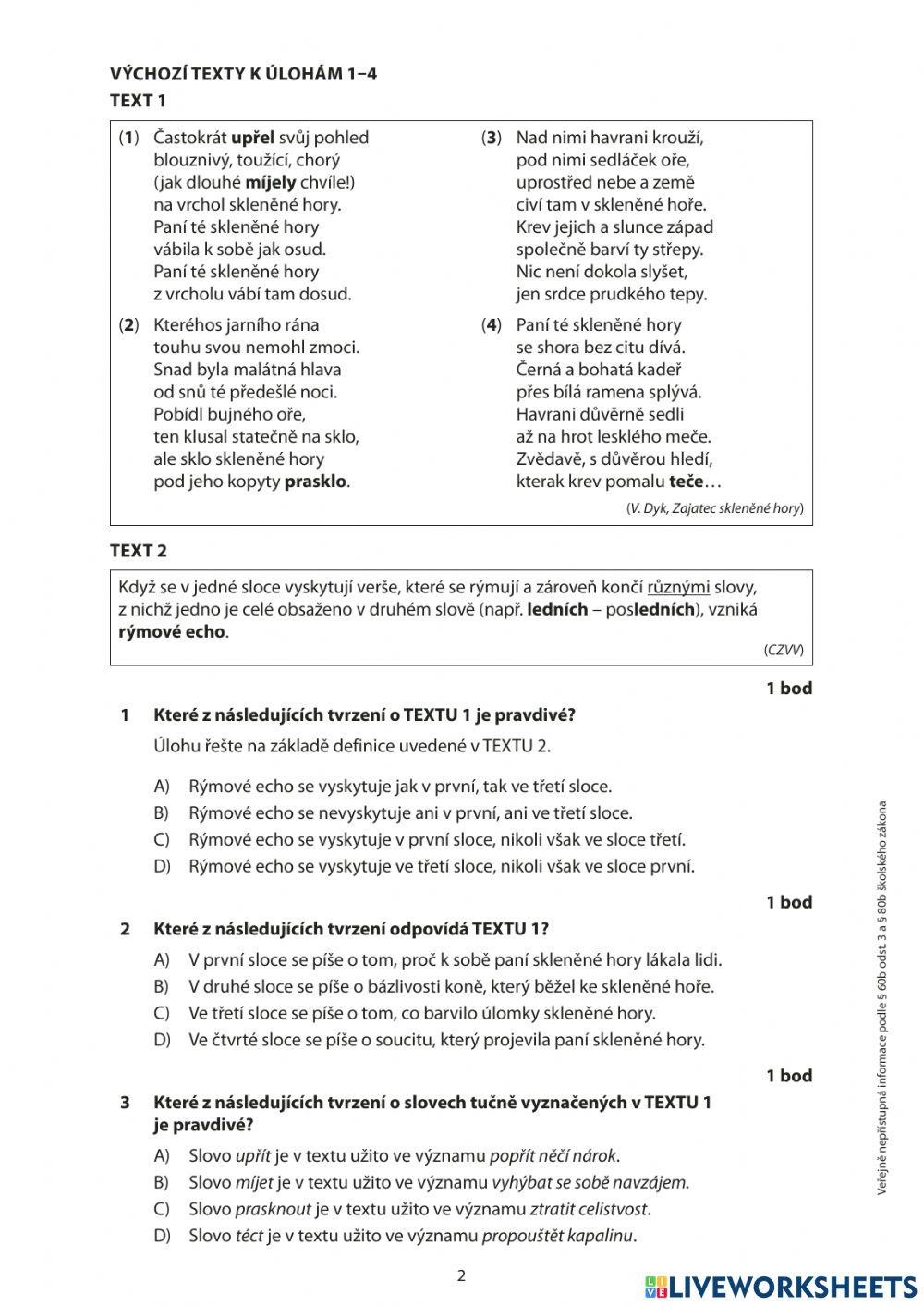 Přijímací testy ČJ 21 - I. část