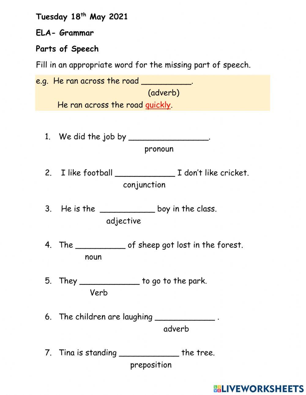 Second worksheet on parts of speech