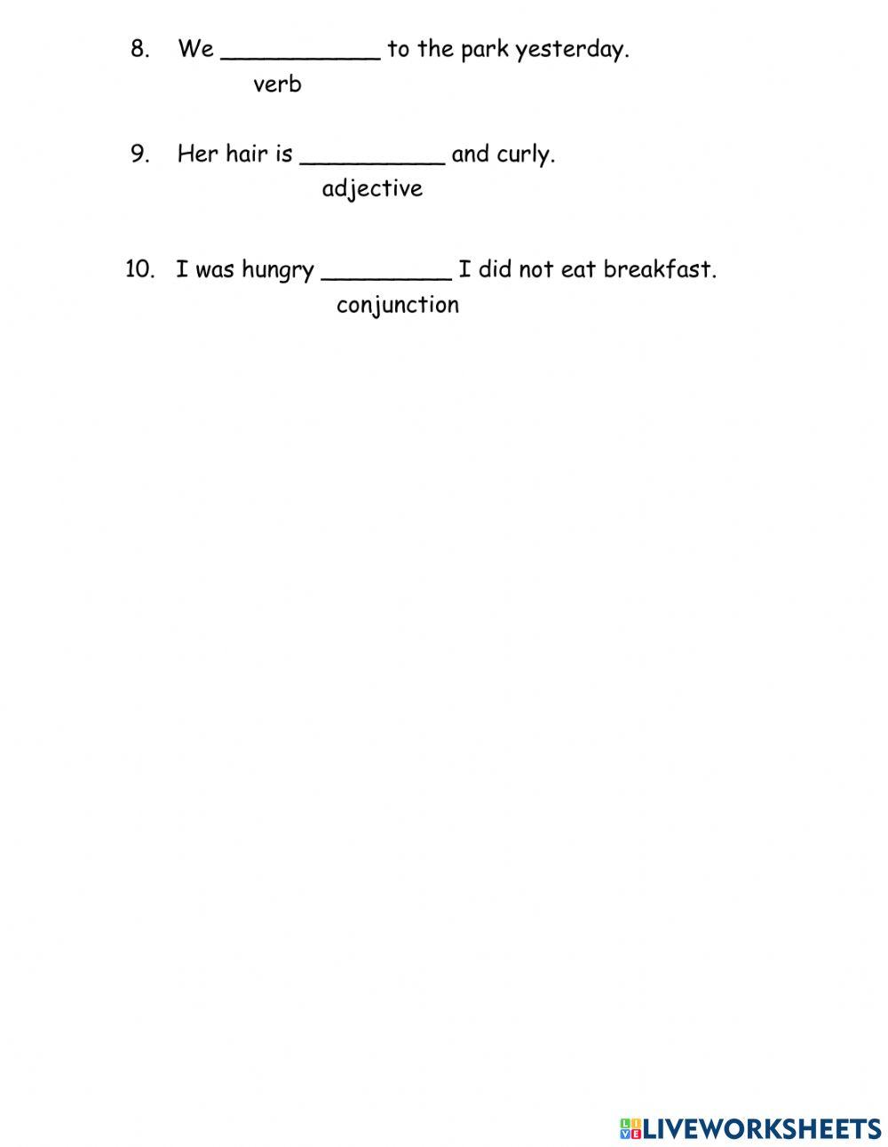 Second worksheet on parts of speech