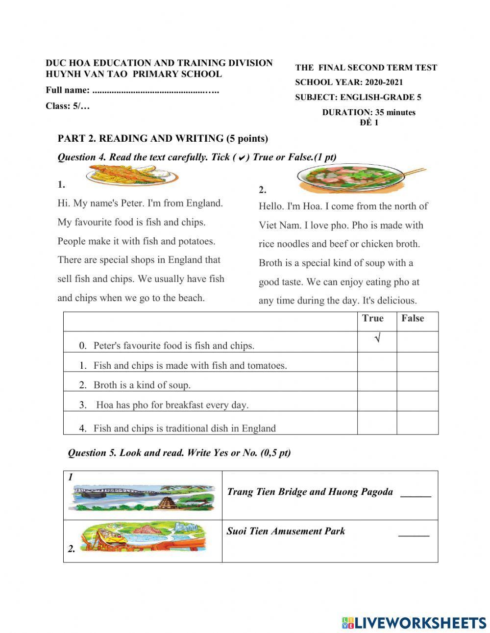 Grade 5- Second Term Final Test
