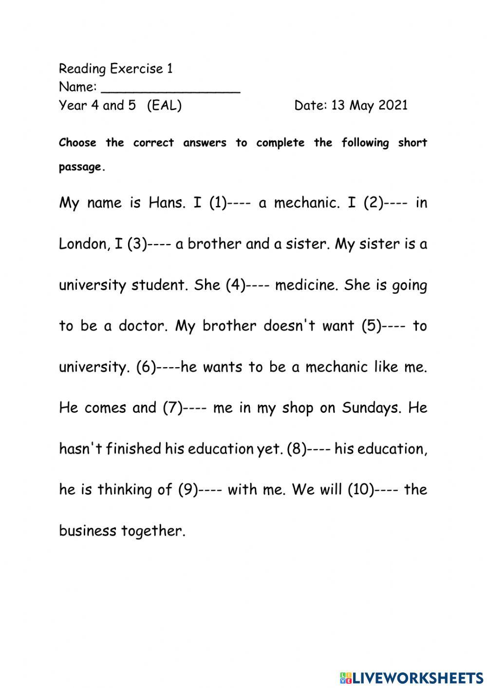 Reading EAL 4&5 worksheet | Live Worksheets