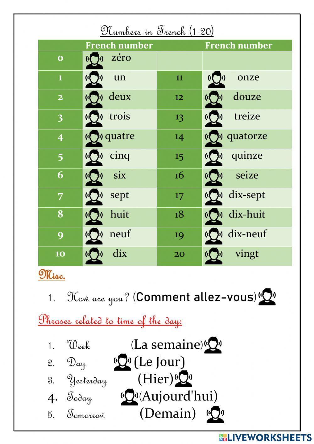 Months of the year , numbers and some phrases in French