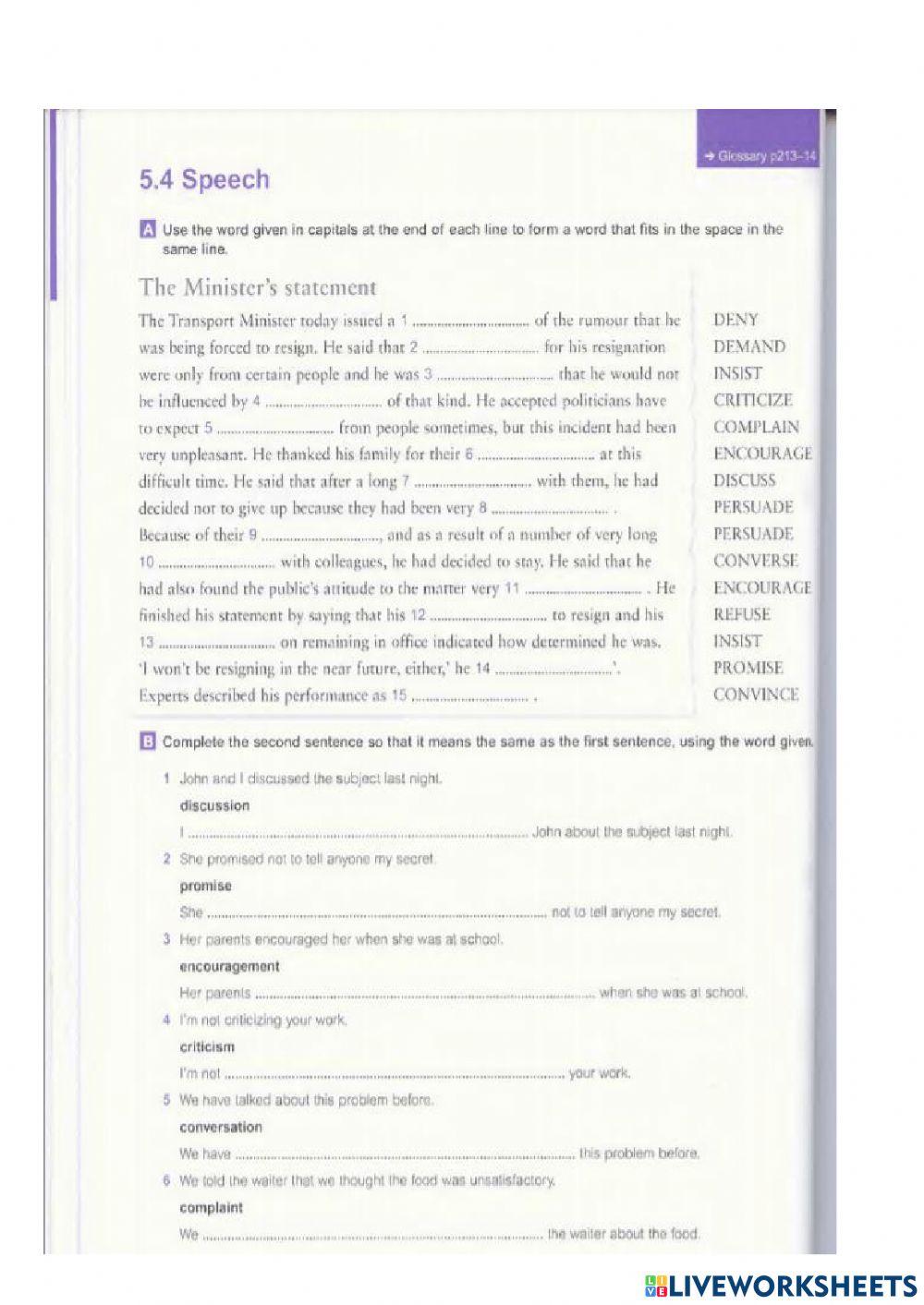 REPORTED SPEECH VERB PATTERNS online exercise for | Live Worksheets