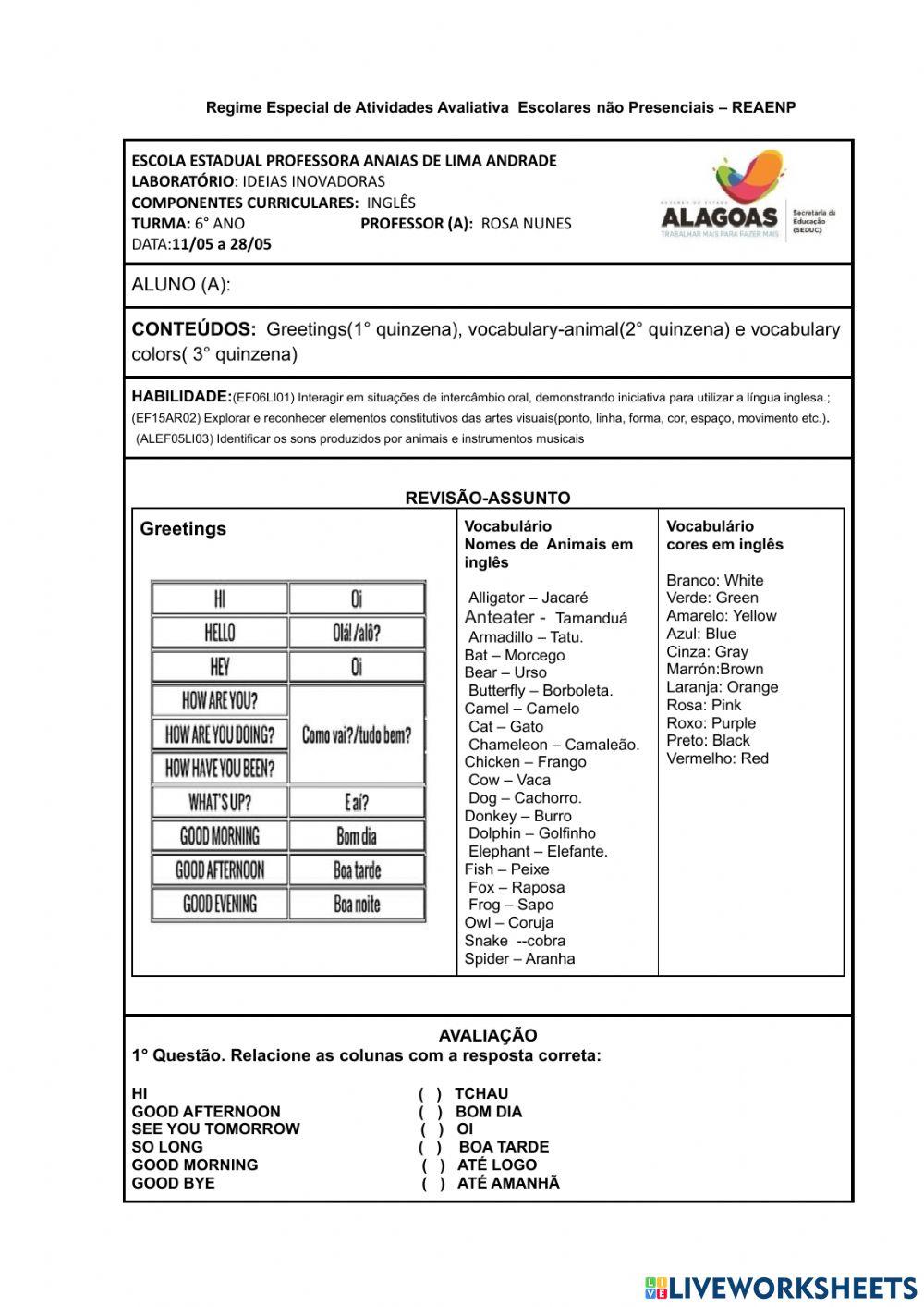Inglês- 6 ano -Anaias -Revisão -11-05 a 28-05