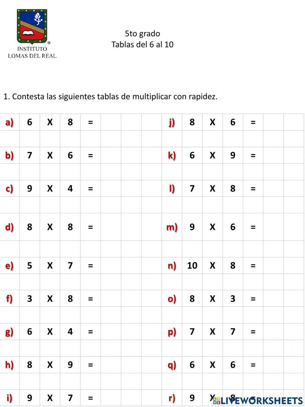 Tablas de multiplicar del 6 al 10