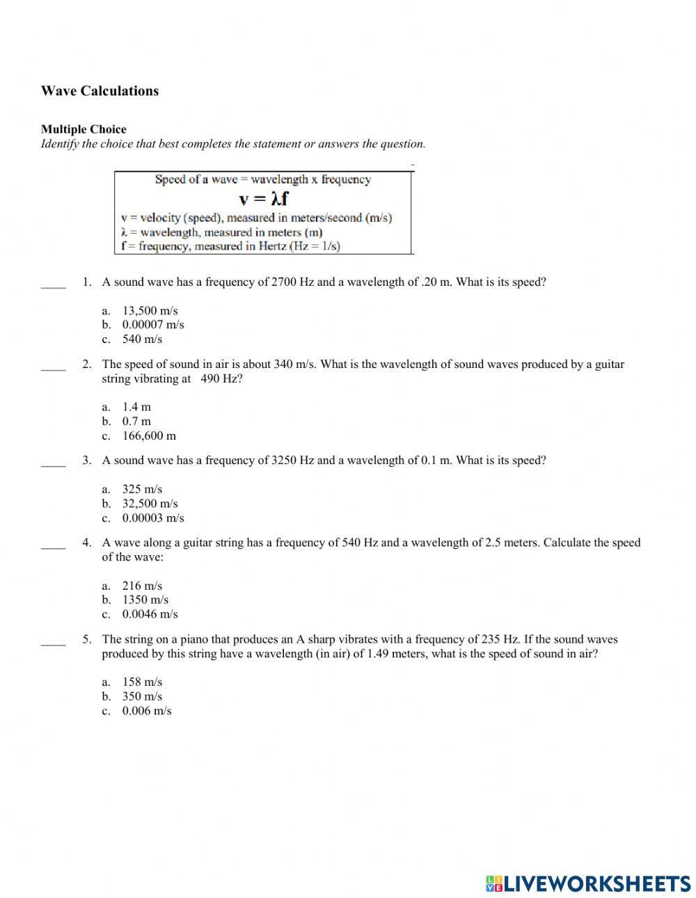 Wave Calculations worksheet | Live Worksheets wave-calculations-worksheet-live-worksheets