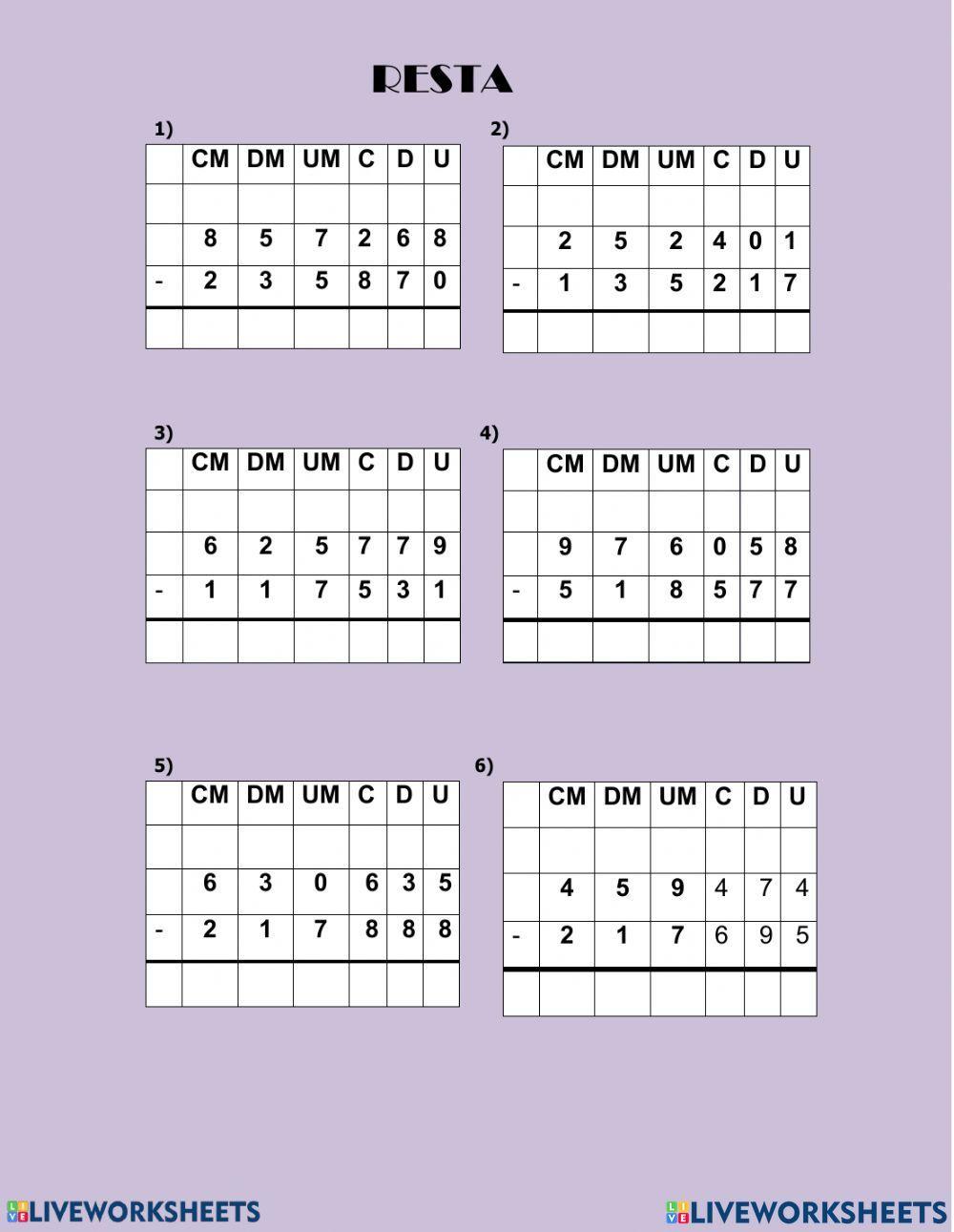 Ejercicio de restas prestando