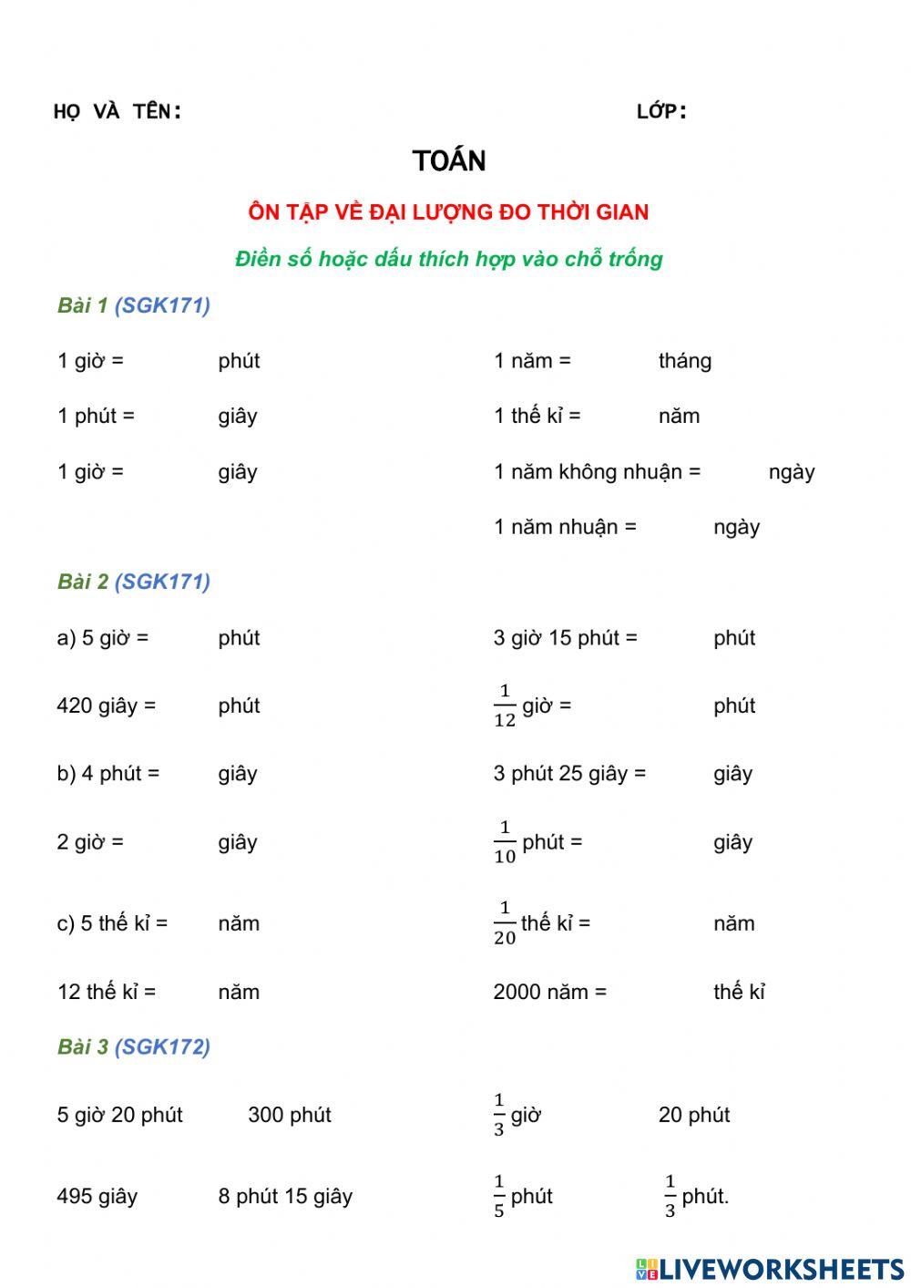 Ôn tập về đại lượng đo thời gian