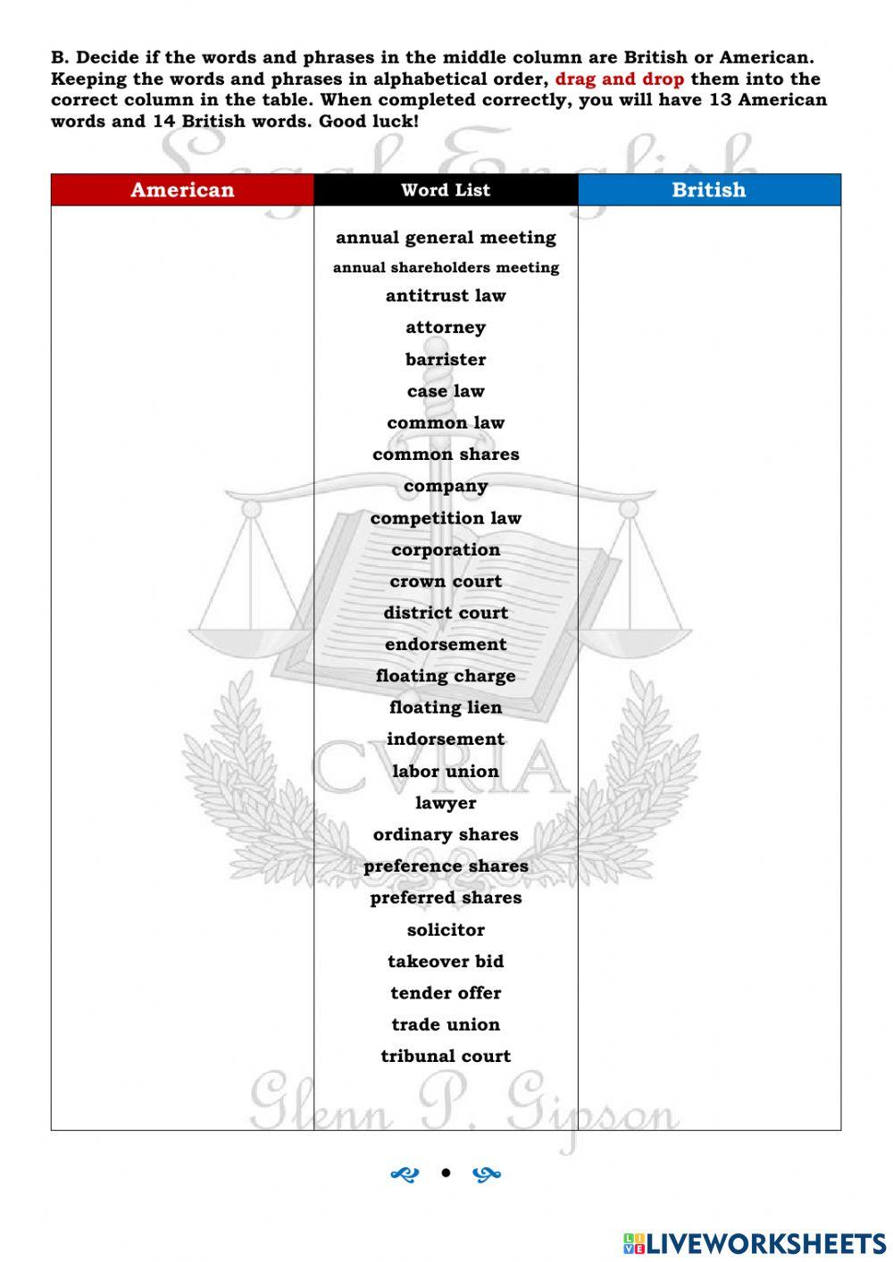 Legal vocabulary worksheets