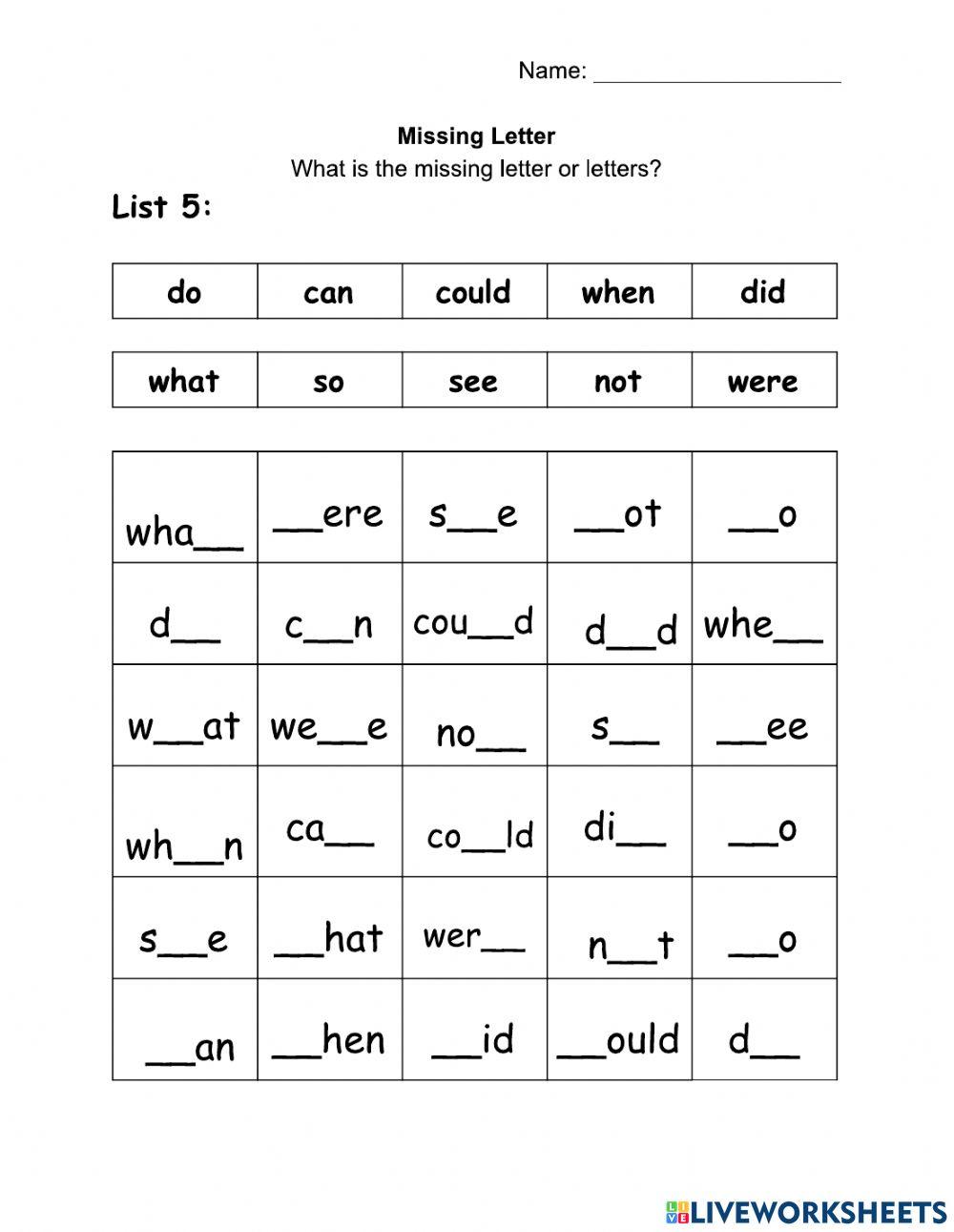 WOW - 10 Words - List 5 - Missing Letter